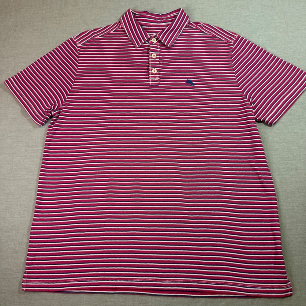 Tommy Bahama Polo Shirt Mens Large Pink Striped Excellent IslandZone 37.5 Tech